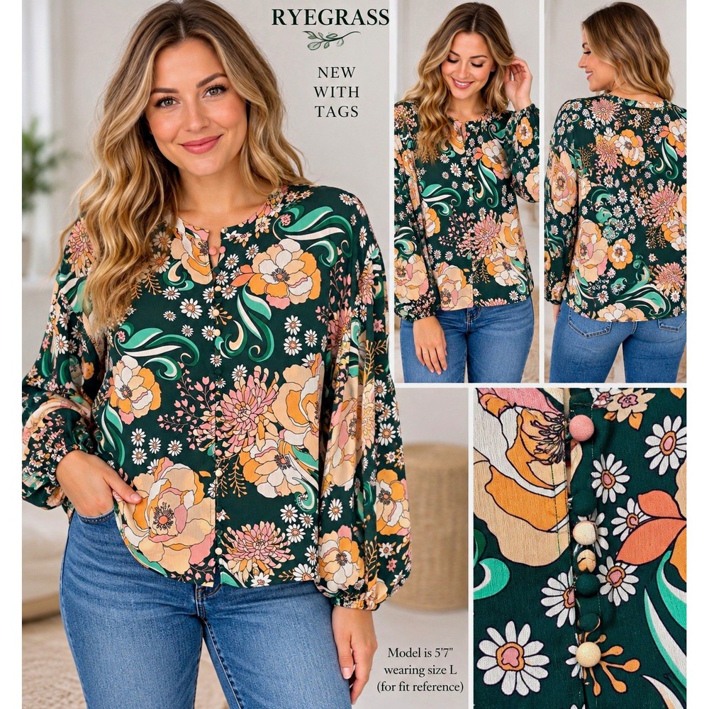 RYEGRASS Women's Size Large Sea Moss Floral Button Front Ballon Long Sleeve NWT